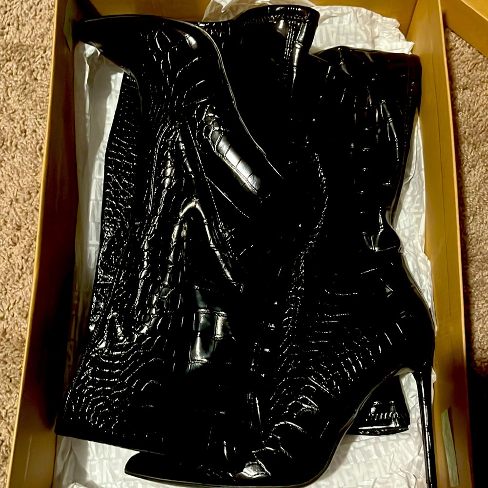 Black thigh high croc print boot